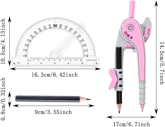 Vobou Compass and Protractor Set, 6 Inch Protractor with Swing Arm (Pink) | Compasses for Math for Drafting, Sharpener, Eraser and 180 Degree 6 Inch Clear Protractor, Easy Grip, School Supplies