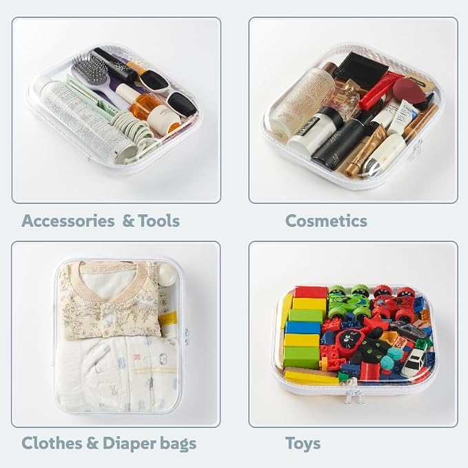 6-Pack Large Clear Hard Shell Zipper Pouches, Clear Zipper Bags, Hard Case Pouches for Purse & Diaper Bag Organizer,and Travel Essentials（6L）