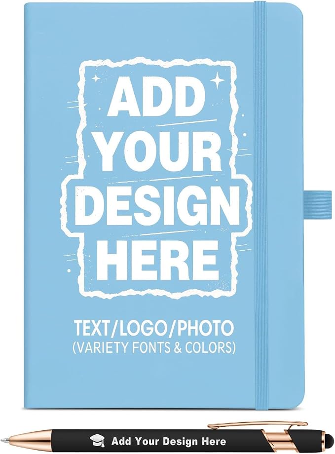 ENOMY Custom A5 Notebook Set with 10 Personalized Pens PU Leather Journal Gift, SkyBlue