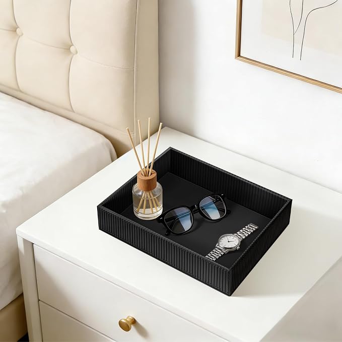 SITHON Valet Tray Desk Organizer PU Leather Catchall | Bedside Vanity Tray Nightstand Caddy Coin Box Key Jewelry Storage Organizer, Graduation, Stripe Black