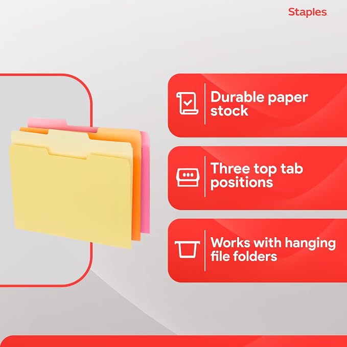 Staples File Folders, Letter Size, 1/3‑Cut Tabs, Assorted Colors, Durable 10.5‑Point Paper Stock, 100/Pack