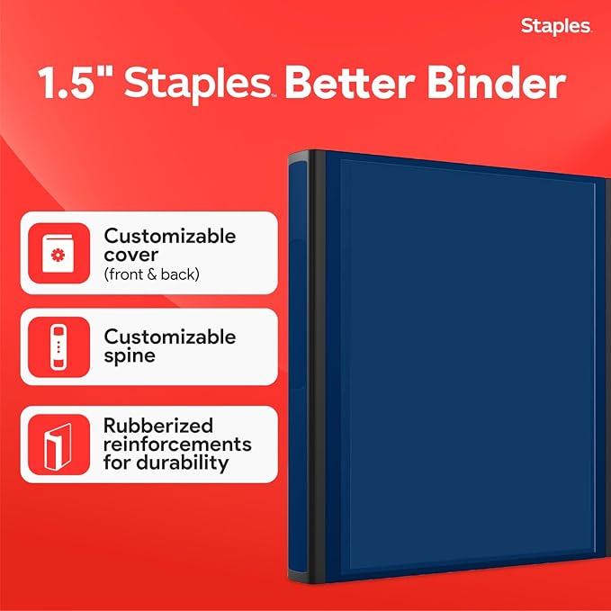 Staples Better View 1.5-Inch D-Ring Binder, Blue – Durable 3-Ring Binder with Clear Overlay for School & Office
