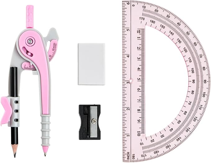 Vobou Compass for Geometry Set, 6 Inch Protractor, Clear Plastic (Pink) | 6 Inch Compass, Sharpener and Eraser, Easy Grip, Drafting Tool for Scool, Art, Drawing Precision Design for Math