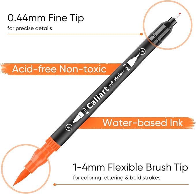 Caliart 34 Double Tip Brush Pens Art Markers for Adult Coloring Books | Artist Fine & Brush Coloring Markers for Journaling Calligraphy Lettering Planners Drawing Teacher Office Art Supplies