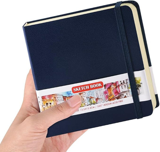 5x5" Pocket Sketch Book,80gsm Hardcover Art Sketchbook for Drawing Journal | PU Cover,Blank Paper,96Sheets/192Pages,Lay-Flat,Portable Travel Creation Paint Diary Memo Planner,Dry Media.Royal Blue