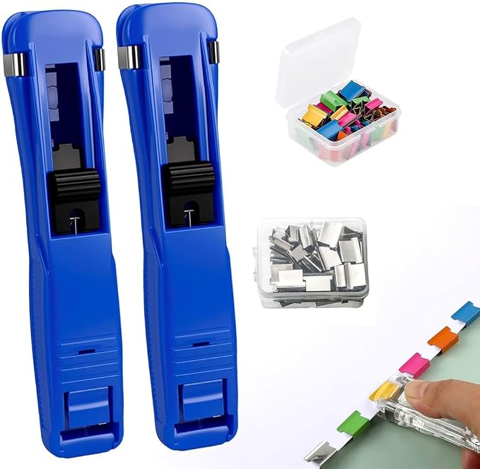2 Pcs Portable Binder Clip Stapler, Handheld Paper Clam Clip Dispenser | Push Clips for Paper with 100 Refill Clips, Mini Handheld Push Stapler Clamps for Fixing Documents, School, Office
