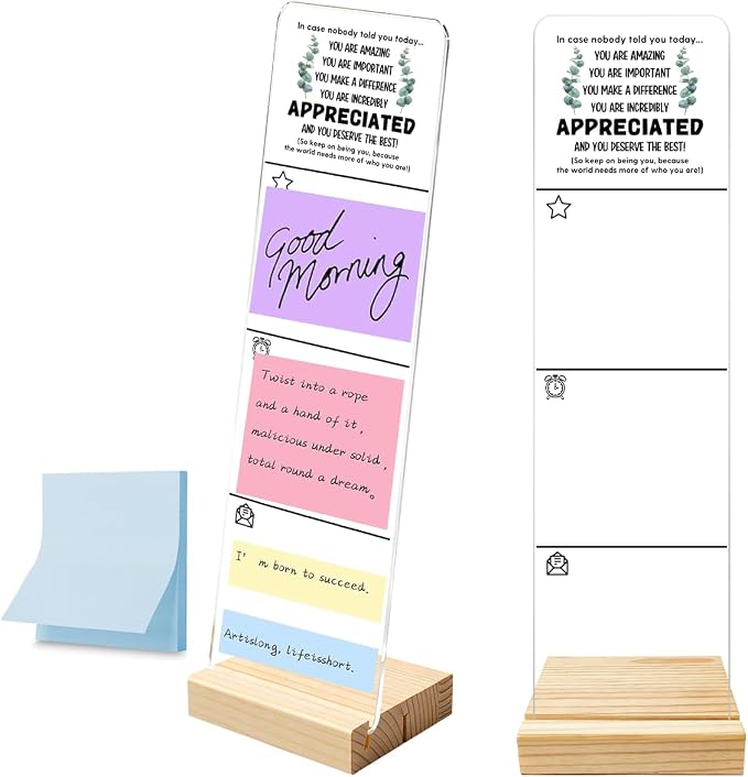 Monitor Memo Board with Removable Wooden Base Acrylic Portable Sticky Note Holder, Inspirational Quotes Appreciated Acrylic Message Board Sign, Office Desk Desk Set Sticky Notes 100 Sheets