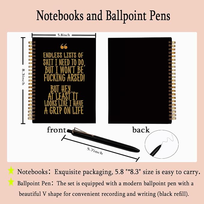 Funny Office Notebook for Work - Sarcastic A5 Spiral Journal & Pen Set, Hilarious to Do List Planner, Coworker Goodbye Leaving Gift, 80 Sheets College Ruled, Black & Gold