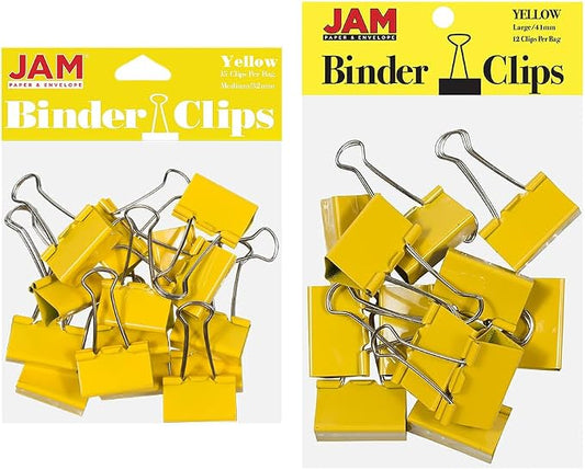 JAM PAPER Colorful Binder Clips Assortment - Medium & Large Size - Yellow Binderclips - 27 Clips/Pack