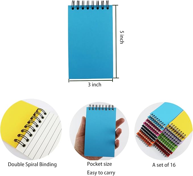 Small Spiral Notebook Set of 16,Mini 3x5 Pocket Notebook With Lined Pages, 60 Sheets Per Notepad, Memo Pads for Work, Home, Office, School, Gifts