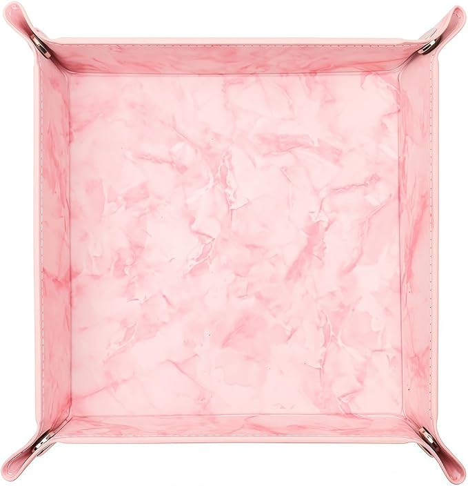Valet Tray Desktop Storage Organizer – Vegan Leather Catchall Bedside Vanity Tray Nightstand Caddy Holder for Remote Controller, Watch, Keys, Phone, Wallet, Coin, Jewelry, Marble Pink
