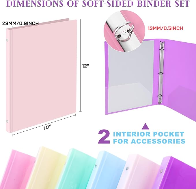 Fulmoon 6 Pack Plastic 3 Ring Binder Assorted Colors Economy Flexible Round Ring Presentation Binders with Pocket for Office School Meeting(0.5 Inch,Pastel Colors)
