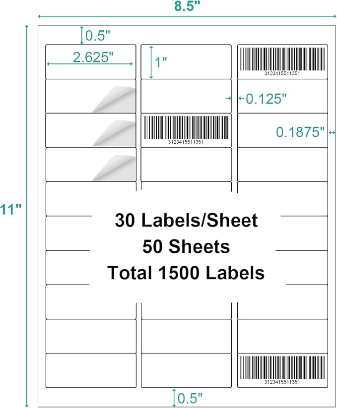 1500 Labels 50 Sheets Printable Address Labels for Laser & Inkjet Printer, 1" x 2-5/8" White Sticker Labels 30 UP, Strong Adhesive for FBA Label, Easy to Peel