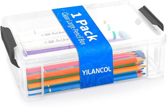 Extra Large Clear Pencil Box for Crayons, Markers, Art Supplies, Plastic Hard Pencil Case with Secure Lid, Stackable Hard Storage Organizer Box for Classroom & Office,Large Size(Black)