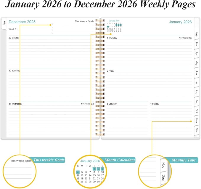 2026 Planner - Planner 2026 from January 2026 to December 2026 with 12 Monthly Tabs, Flexible Cover, Inner Pocket, 8.5" x 11", Rose Leaf
