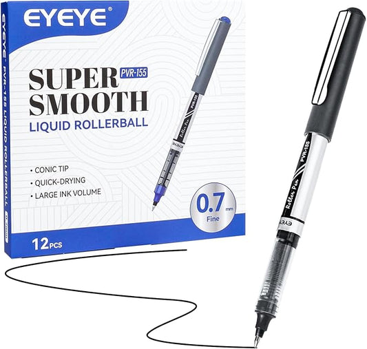EYEYE Black Rollerball Pens 12 Pack, 0.7mm Medium Point Roller Ball Pen Quick Dry, Liquid Ink Pens Fine Point Smooth Writing Pen for Journaling, Note Taking, Office, School Supplies