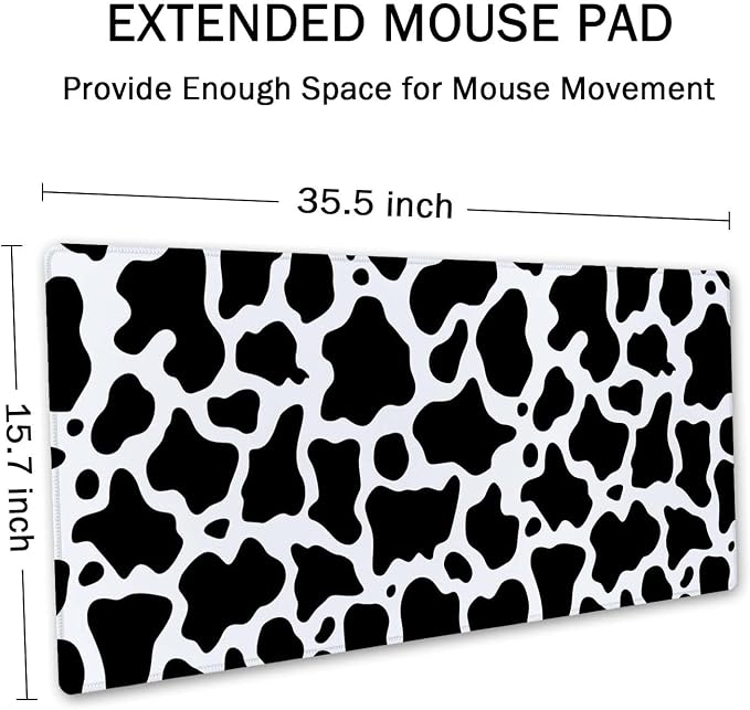 SSOIU White Black Cow Pattern Desk Pad, Personalized Desk Mat, Cow Print Desk Mat, Cute Desk Pad, Extended Gaming Mouse Pad (35.5x15.7 in), Large Non-Slip Rubber Base Mousepad with Stitched Edges