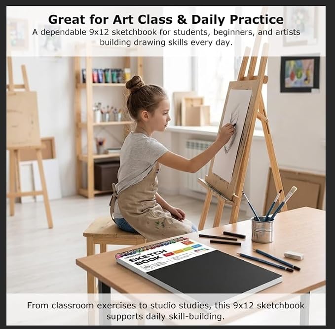 Soucolor Sketch Book 9x12,100 Sheets, Kids Art Sketchbook for Drawing Pad | 68lb Acid-Free,Fine-Texture Matte,No Bleed-Through,Top Spiral Lay-Flat, Micro-Perforated — Dry Media, Sketch Book for Adults