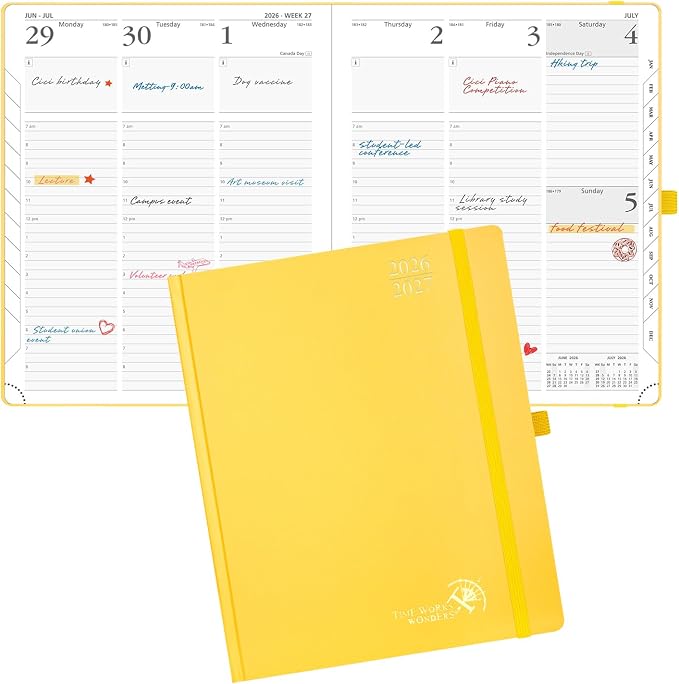 POPRUN 2026-2027 Academic Planner, Large Size 8.5" x 10.5", Weekly and Monthly Calendar, July 2026 to June 2027, Hardcover Appointment Book with Vertical Layout, Hourly Time Slots, Monthly Tabs - Light Yellow