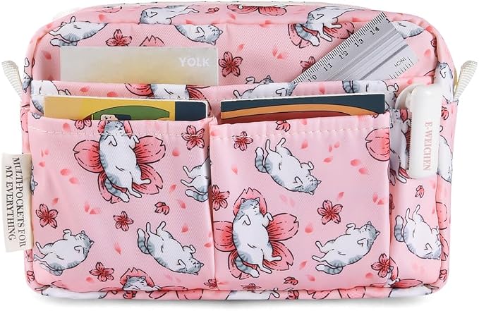 E-WEICHEN Multiple Pockets Portfolio Organizer with Zippered, Makeup Bag Travel Essentials for Women, Simple Waterproof Stationery Pencil Pouch Bag for Journal Office Art Supplies.Pink Cat