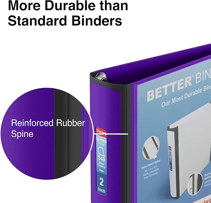 Staples Better Binder, 2" Heavy‑Duty D‑Ring 3‑Ring Binder, Purple, Reinforced Spine, 540‑Sheet Capacity, Durable for School, Office & Filing, 2‑Pack