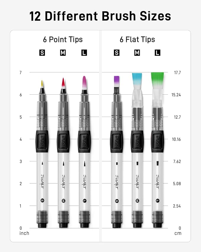 JusArt Water Brush Pens 12-Pack Leak-Proof Refillable Watercolor Pens for Acrylic and Gouache Painting - Includes Pointed & Flat Tip Styles - Portable Water Brushes for Artists, Beginners, Adults