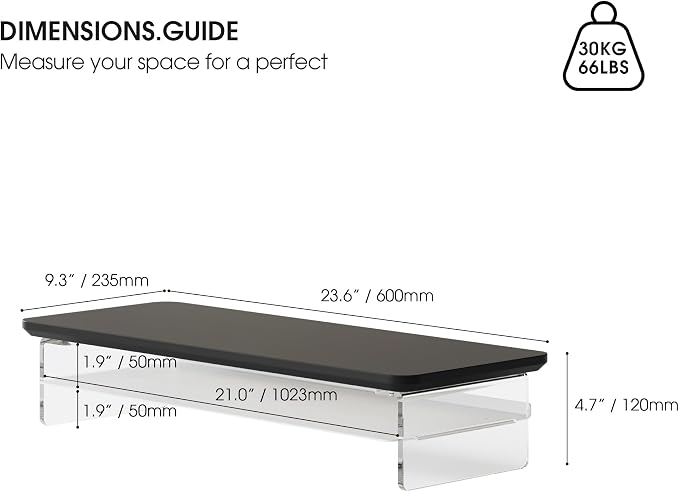 Fenge 23.6" Monitor Stand with Clear Acrylic Legs, Black | Clear Acrylic, Storage Compartment, 2-tier Home Office Monitor Riser, Wide Large Desktop Shelf Fit Monitor/Laptop/Printer