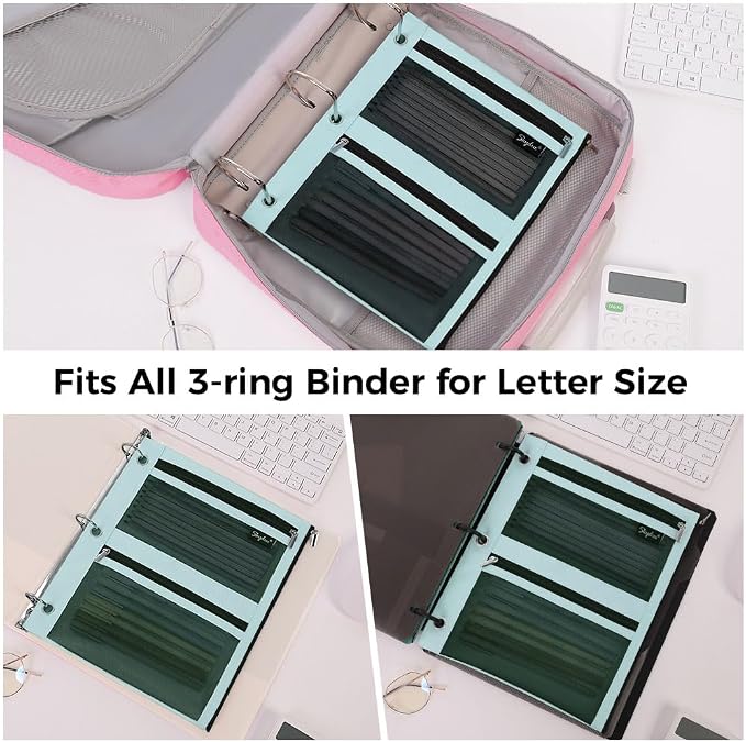 SKYDUE 3 Ring Pencil Pouch for Binder, Zipper Binder Pencil Pouch with 3 Pockets and Mesh Window, Durable Organizer for School Supplies, Cables, Earbuds, Makeup