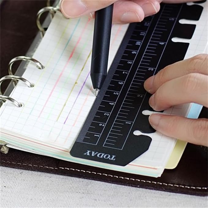 2Pcs Black/Clear Plastic Page Marker Pouch Measuring Today Ruler for A5 Size 6-Hole Binder Notebook (A5, Black + Clear)