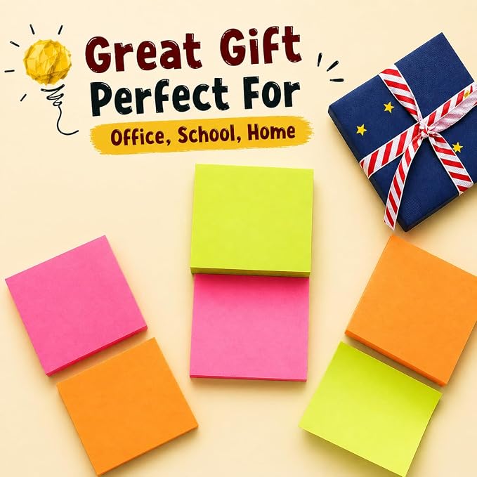 24 Pads Sticky Notes 3x3, 100 Sheet/Pad, Self-Adhesive Note Pads in 6 Bright Colors – Very Very Sticky for School, Office, Desk Use