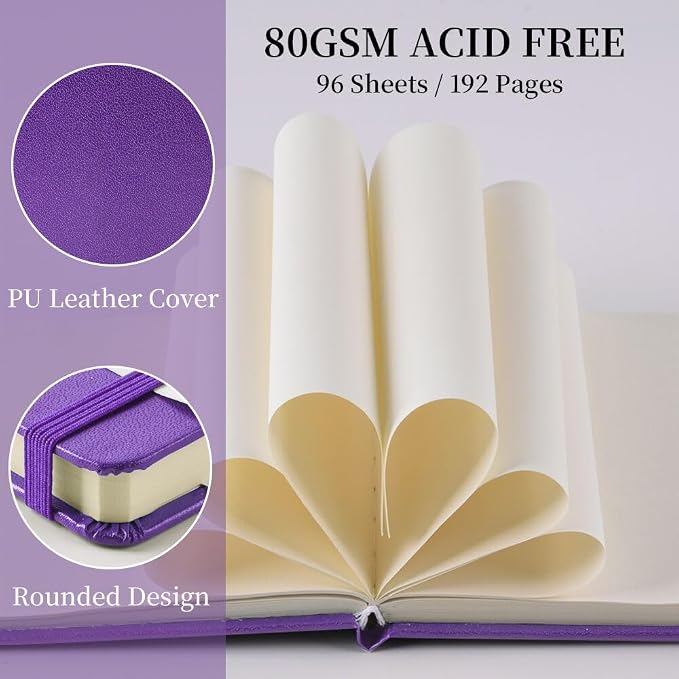 5x5" Pocket Sketch Book,80gsm Hardcover Art Sketchbook for Drawing Journal | PU Cover,Blank Paper,96Sheets/192Pages,Lay-Flat,Portable Travel Creation Paint Diary Memo Planner,Dry Media.Purple