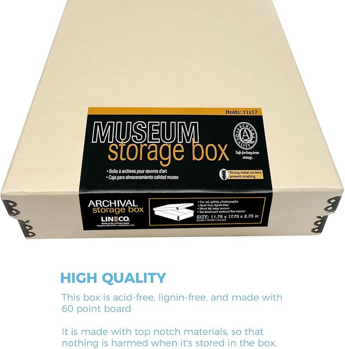Lineco Museum Archival Storage Box, Drop Front, 11.75x17.75x3.75 in, Tan | Acid-Free with Metal Edge, Preserves Picture Longevity, Organize Photos, Newspapers, Prints, Documents, Crafts, DIY
