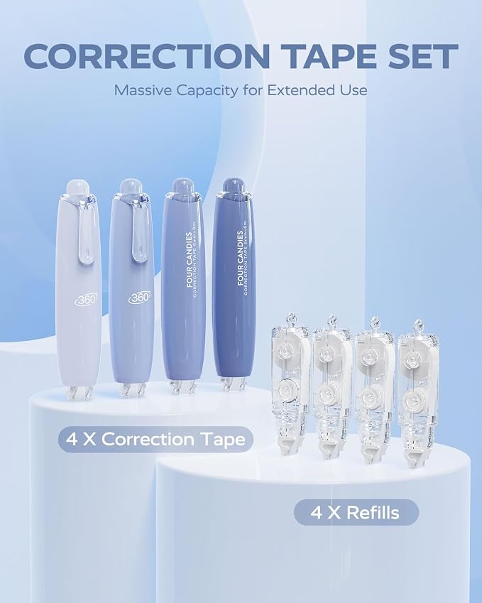 Four Candies Refillable Correction Tape, 4PCS White Tape with 4 Refills | Smooth White Pull-Out Tape for Instant Corrections, Easy to Use Applicator for Office, School Supplies (Blue)
