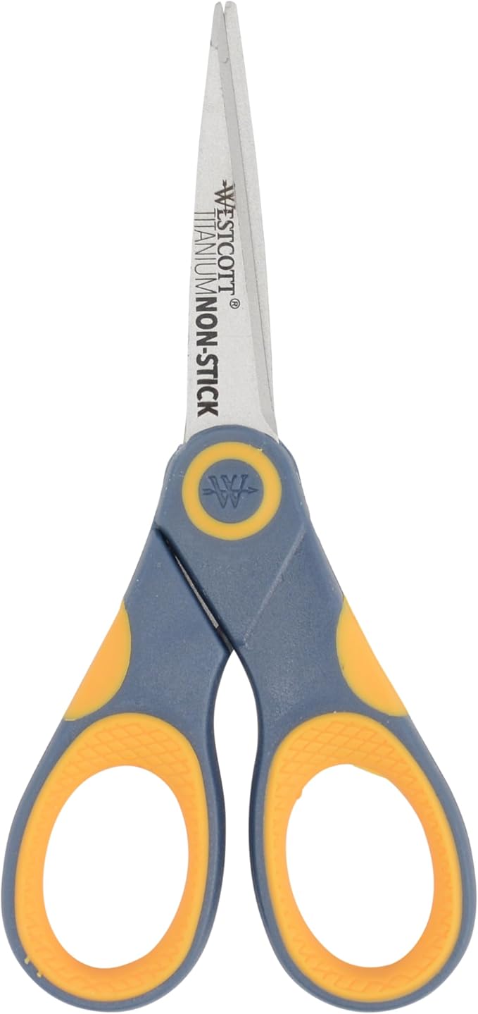 Westcott 5-Inch Non-Stick Titanium Scissors For Office and Home - Glide Adjust Technology - Grey/Yellow Craft, Fabric Scissors - 1 Pack