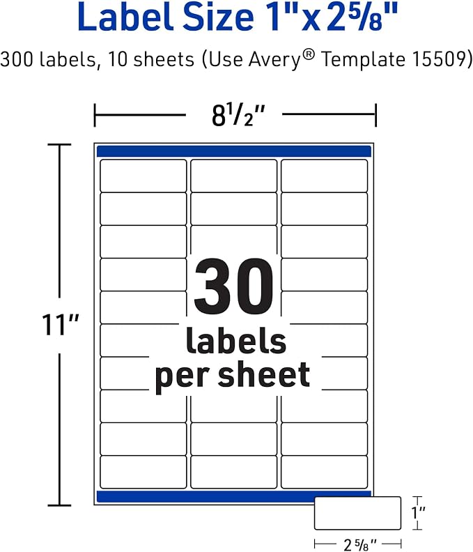 Avery Waterproof Printable Address Labels with Sure Feed, 1" x 2-5/8", White, Ultrahold Permanent Adhesive, Laser Printers, 300 Blank Mailing Labels, Great for Mailing, Branding, and More (15509)