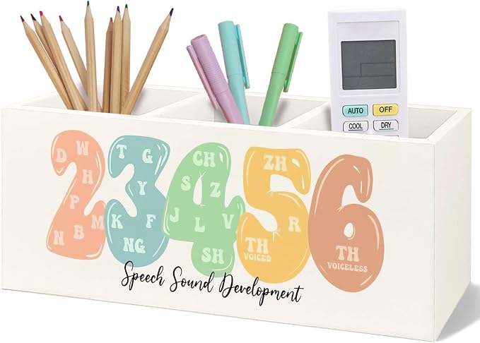 Speech Therapy Wooden Pen Pencil Holder for Desk, Speech Sound Development SLP Mental Health Wood Makeup Brush Toothbrush Holder Organizer for SLP Therapist Office Clinic Kids Room