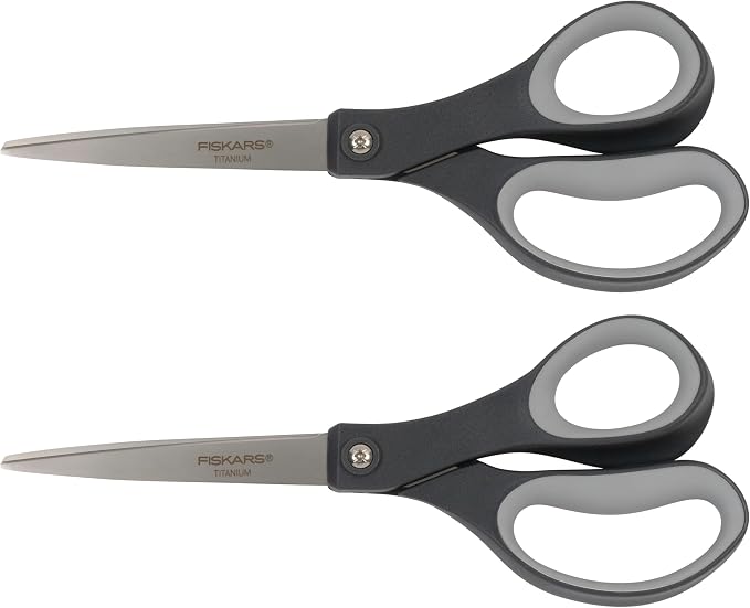 Fiskars 8” Everyday Titanium Comfort Grip Scissors (2-Pack), Home & Office Scissors for Cutting Paper, Cardboard, Photos and More, Gray