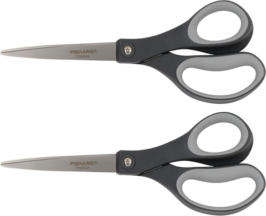 Fiskars 8” Everyday Titanium Comfort Grip Scissors (2-Pack), Home & Office Scissors for Cutting Paper, Cardboard, Photos and More, Gray