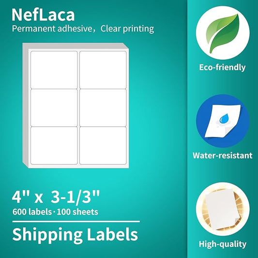 Mailing Label,Address Labels 6-UP,NefLaca White Shipping Labels,Adhesive Shipping Labels,100 Sheets in Total(3-1/3" x 4"),Printable White Sticker Paper for Laser & Inkjet Printers.(600 Labels)