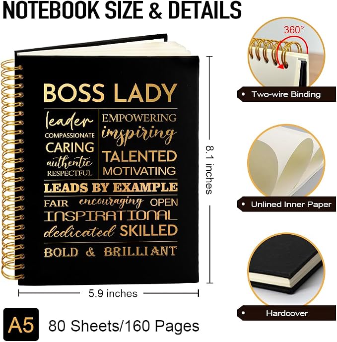 Boss Lady 160 Blank Pages Gold Foil Hardcover Spiral Notebook, New Business Owner Gifts Women Boss Gifts for Boss Female, Appreciation Gifts for Women Entrepreneurs, Boss Day Women's Day Gifts