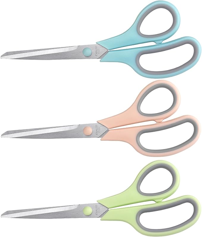 LONGKEY 8.5" Pastel Scissors 3-Pack, Ultra Sharp Stainless Steel, Gray | Soft Comfort-Grip Right/Left Hand