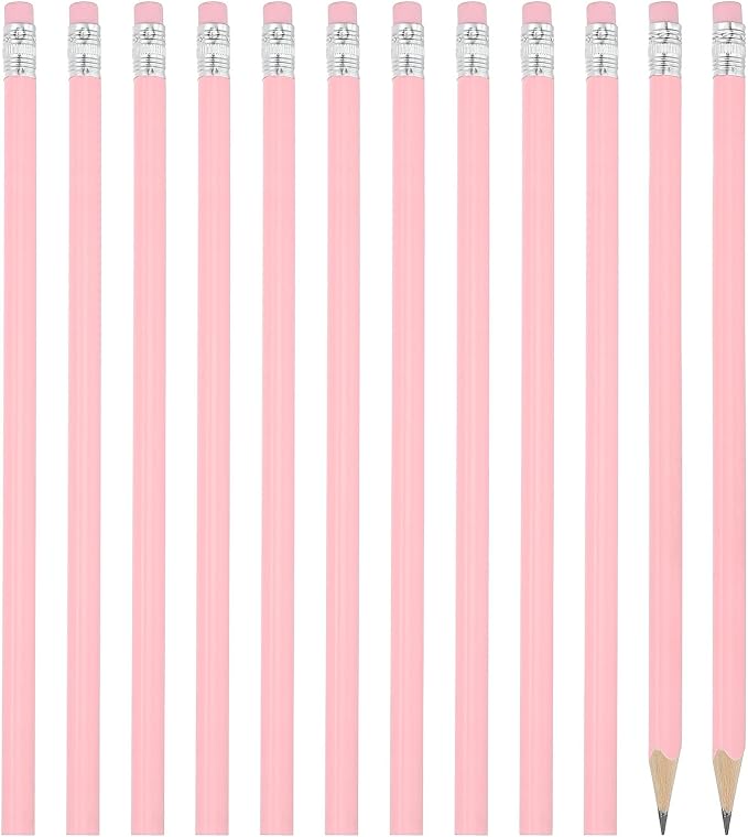 PATIKIL Round Pencils, 12 Pack Triangle HB Graphite Pencil Woodcase Wooden Pencils with Eraser for Classroom Office Writing Drawing Supplies, Pink