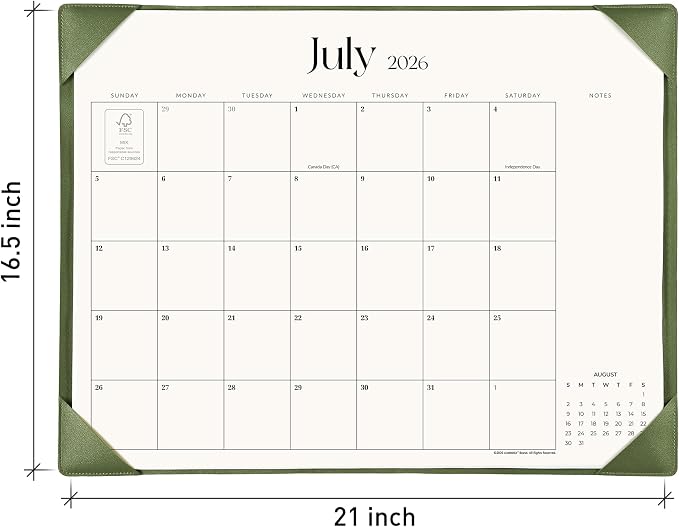 Simplified Desk Calendar 2026 with Desktop Mat, Cabbrix Large Desk Pad Calendar 21" x 16-1/2" Including January 2026 to June 2027, Desk Blotter Calendar for Home School and Office (Mint Green)