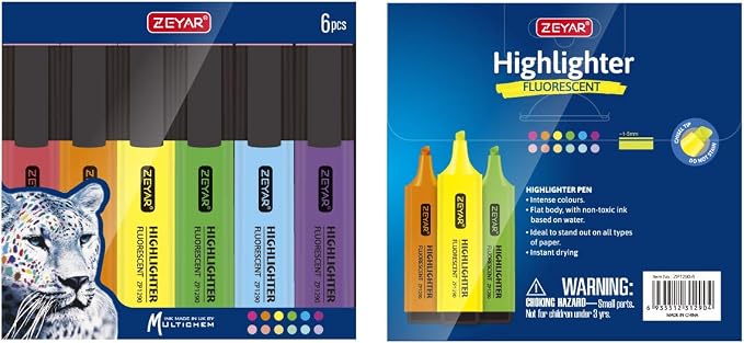 ZEYAR Highlighter, Chisel Tip Marker Pen, AP Certified, Assorted Colors, Water Based, Quick Dry (6 Candy Colors)