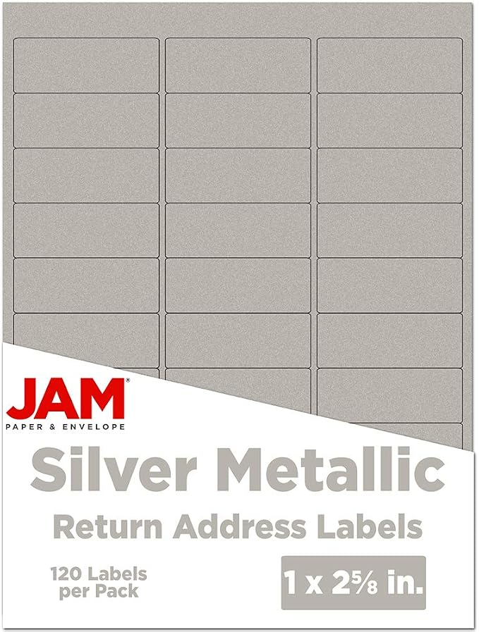 JAM PAPER Return Address Labels - Standard Mailing - 1 x 2 5/8 - Silver Metallic - 120 Shipping Labels/Pack