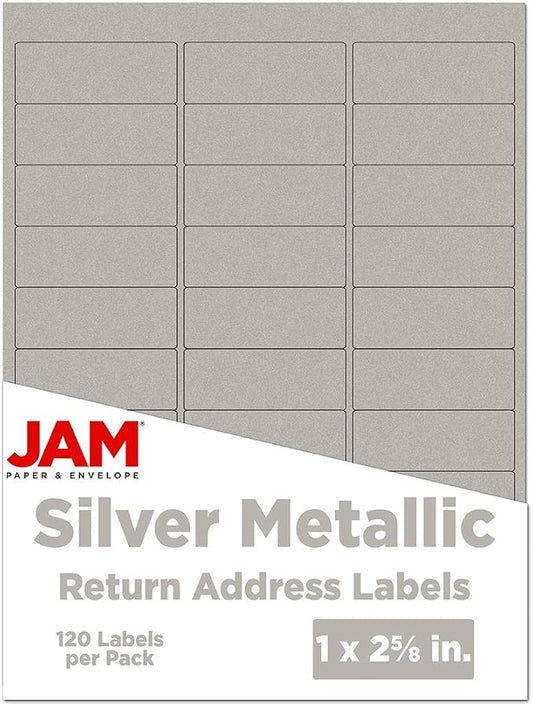 JAM PAPER Return Address Labels - Standard Mailing - 1 x 2 5/8 - Silver Metallic - 120 Shipping Labels/Pack