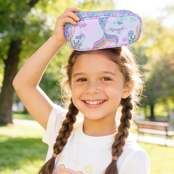 RHCPFOVR Kids Pencil Case for Girls-Soft Zipper Large Capacity Pencil Pouch for Girls Pencil Case for School Pencil Bag for Toddler (Purple Mermaid)