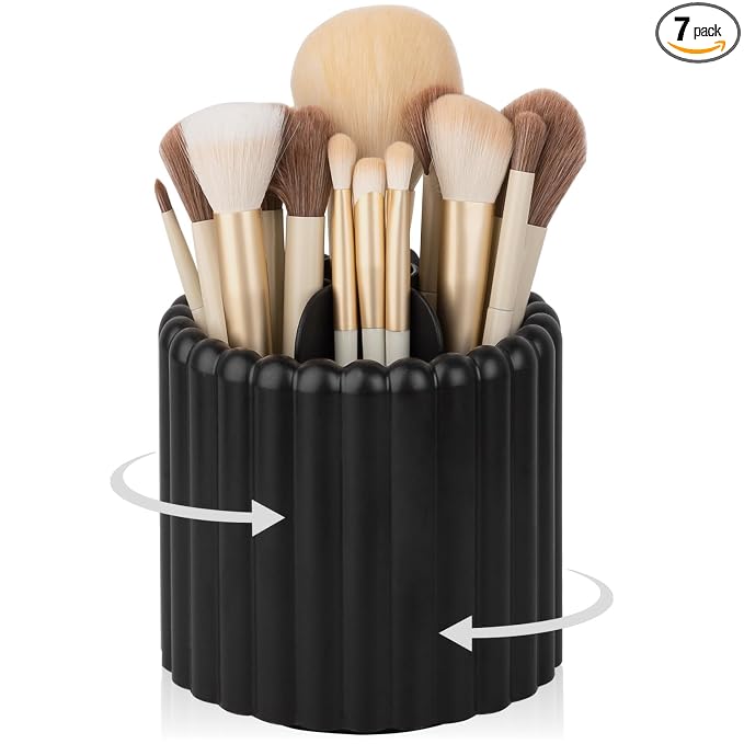 Rotating Makeup Brush Holder Organizer with Removable Dividers, Black | 7 Slots Make Up Brush Organizer 360 Spinning Cosmetic Storage Pen Holder for Desk, Vanity, Dresser