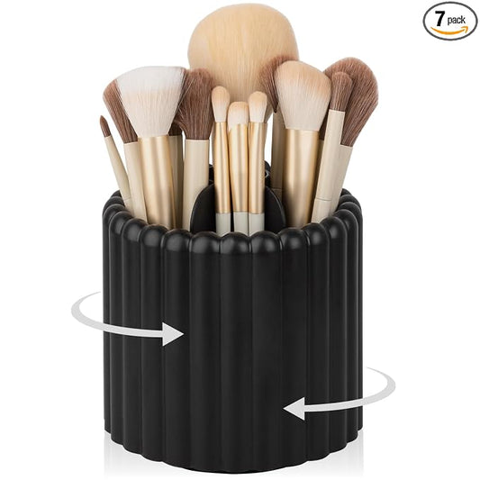 Rotating Makeup Brush Holder Organizer with Removable Dividers, Black | 7 Slots Make Up Brush Organizer 360 Spinning Cosmetic Storage Pen Holder for Desk, Vanity, Dresser