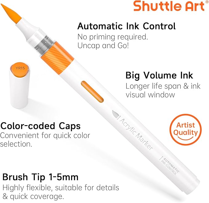 Shuttle Art Automatic Ink Control Acrylic Paint Markers, 36 Colors Brush Tip Acrylic Paint Pens for Rock Painting, Ceramic, Wood, Canvas, Glass, Stone, Fabric, Card, DIY Football Crafts